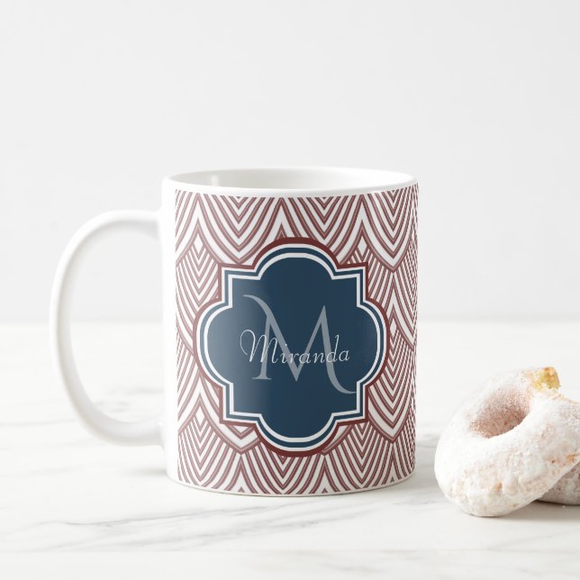 Dark Red Deko Scallops Navy Blue Monogram Name Tasse (Mit Donut)