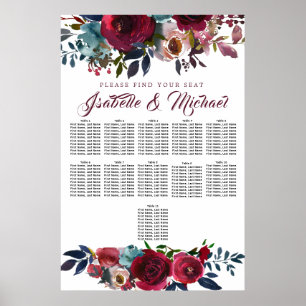 Dark Red Floral 11-Tisch Hochzeitskarte Poster