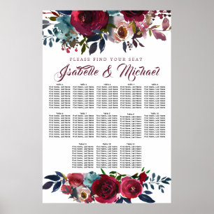 Dark Red Floral 13-Tisch Hochzeitskarte Poster