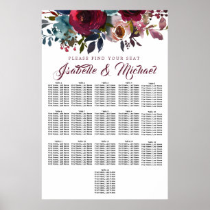 Dark Red Floral 16-Tisch Hochzeitskarte Poster