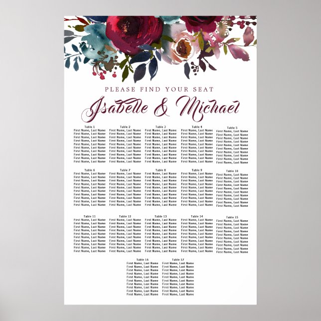 Dark Red Floral 17-Tisch Hochzeitskarte Poster (Vorne)
