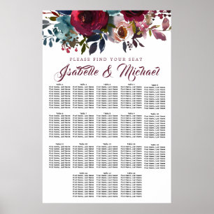 Dark Red Floral 18-Tisch Hochzeitskarte Poster