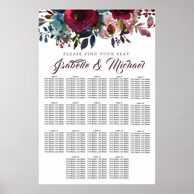 Dark Red Floral 18-Tisch Hochzeitskarte Poster (Vorne)