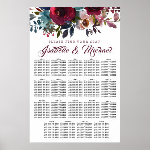 Dark Red Floral 19-Tisch Hochzeitskarte Poster