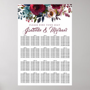 Dark Red Floral 20-Tisch Hochzeitskarte Poster