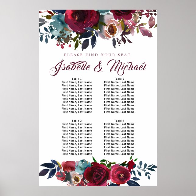 Dark Red Floral 4-Tisch Hochzeitskarte Poster (Vorne)
