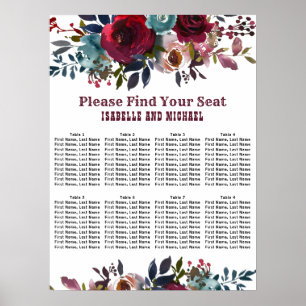 Dark Red Floral 8 Table Wedding Chart Poster