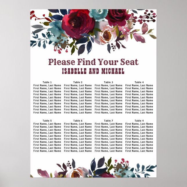 Dark Red Floral 8 Table Wedding Chart Poster (Vorne)