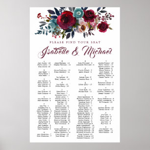 Dark Red Floral Alphabetical Wedding Seating Chart Poster