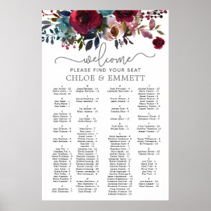 Dark Red Floral Alphabetical Wedding Seating Chart Poster
