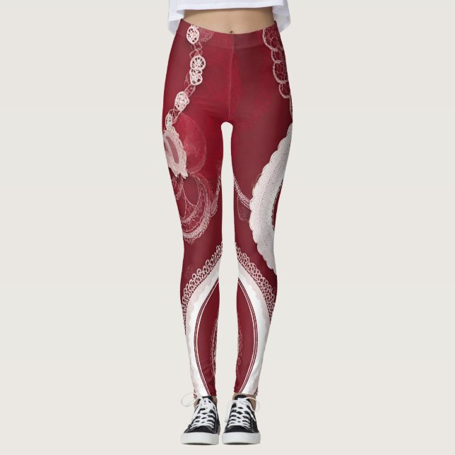 Dark Red Floral Lace AI art Leggings (Vorderseite)