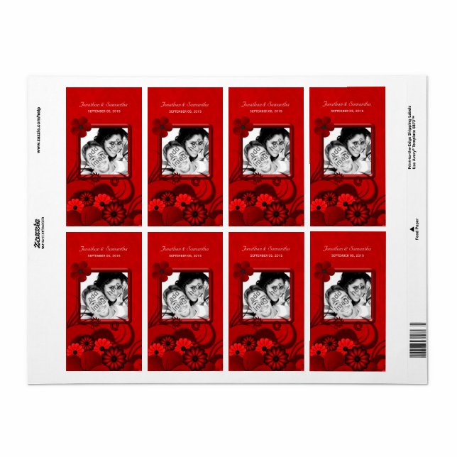 Dark Red Floral Wedding Foto Gefallen Weinetikette (Vorne)