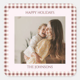 Dark Red Gingham Plaid Custom Photo Greeting Quadratischer Aufkleber