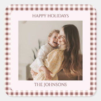 Dark Red Gingham Plaid Custom Photo Greeting Quadratischer Aufkleber
