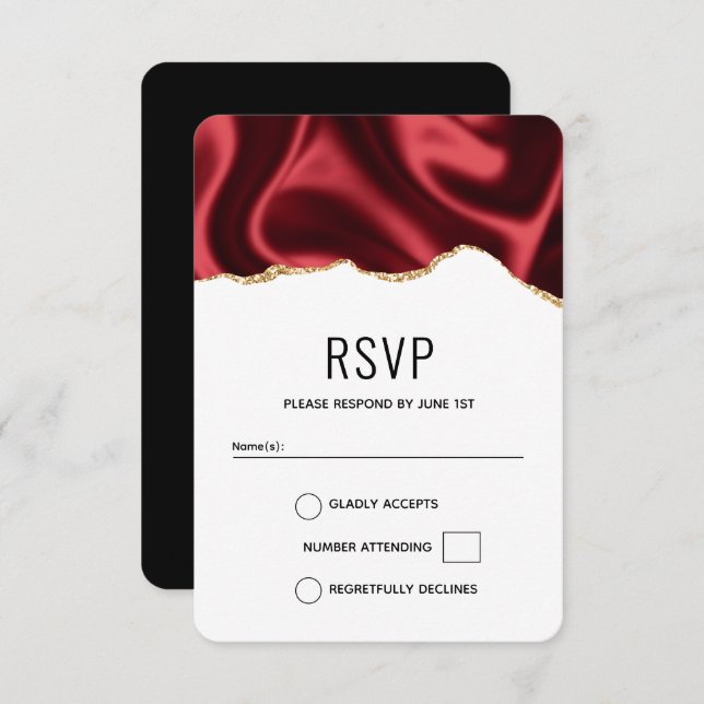Dark Red Glam Wavy Satin Abstract Design Wedding RSVP Karte (Vorne/Hinten)