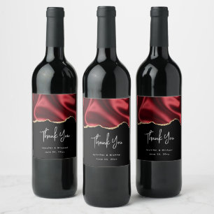 Dark Red Glam Wavy Satin Abstract Design Wedding Weinetikett