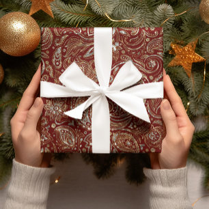 Dark Red & Gold Floral Paisley Geschenkpapier
