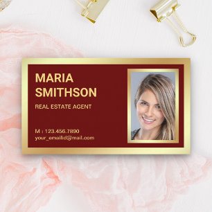 Dark Red Gold Foil Real Anwesen Realtor Foto Visitenkarte