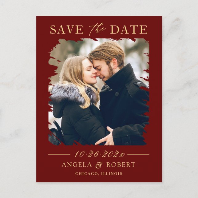 Dark Red Gold Luxury Foto Frame Save the Date Postkarte (Vorderseite)