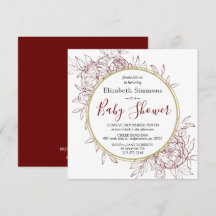 Dark Red & Gold Peony Floral Toile Baby Dusche