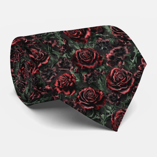 Dark Red Gothic Floral Pattern Krawatte (Gerollt)