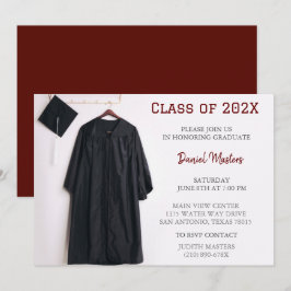 Dark Red Graduation Party Cap and Gown Einladung