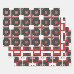 Dark Red Gray and White Mosaic Geometric Patterns Geschenkpapier Set