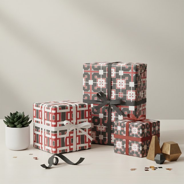 Dark Red Gray and White Mosaic Geometric Patterns Geschenkpapier Set (Von Creator hochgeladen)