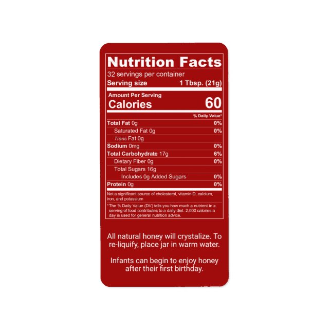 Dark Red Honey Nutrition Facts + Säugling Warning (Vorne)