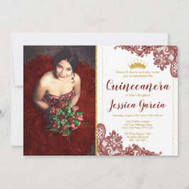 Dark Red Lace & Glitzer Goldprinzessin Quinceañera Einladung