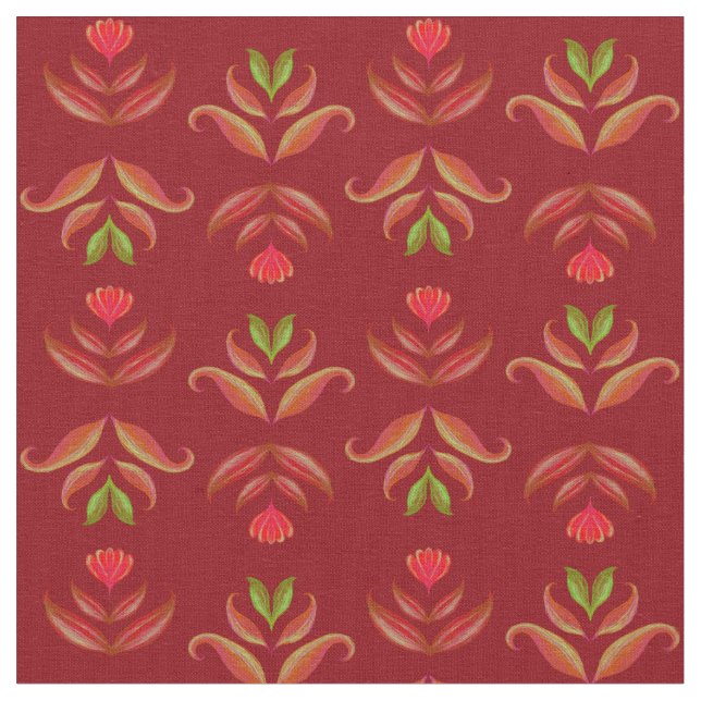 Dark Red Maroon Folk Art Floral Rustikale Weihnach Stoff (Nahaufnahme)