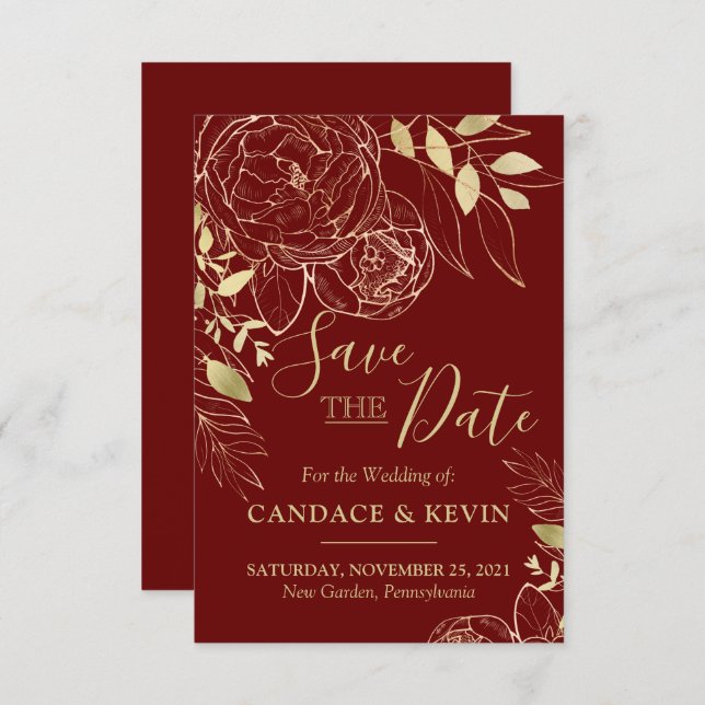 Dark Red Maroon & Gold Peony Moderne Blumenhochzei Save The Date (Vorne/Hinten)