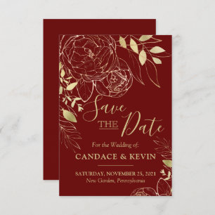 Dark Red Maroon & Gold Peony Moderne Blumenhochzei Save The Date