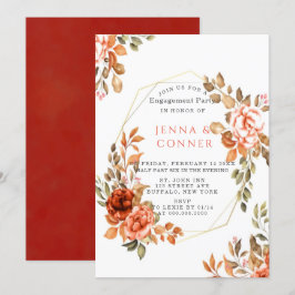 Dark Red Orange Floral Geometric Engagement Party Einladung