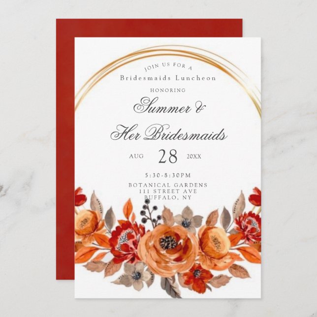 Dark Red Orange Floral Gold Bridesmaids Luncheon Einladung (Vorne/Hinten)