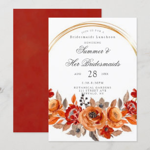 Dark Red Orange Floral Gold Bridesmaids Luncheon Einladung