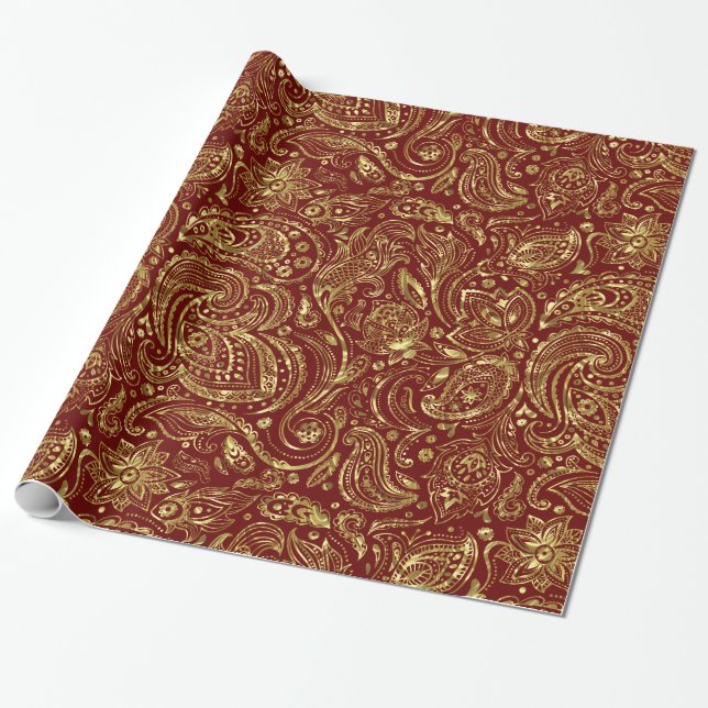 Dark Red & Shiny Gold Floral Paisley Muster Geschenkpapier (Ungerollt)