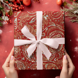 Dark Red & Shiny Silver & Gold Floral Paisley Geschenkpapier
