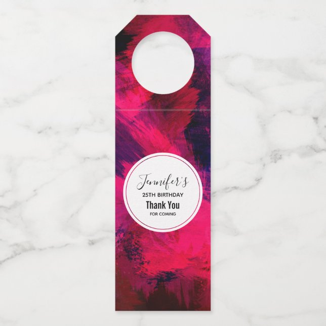 Dark Red und Lila Bold & Modern Abstrakt Event Flaschenanhänger (Vorderseite)