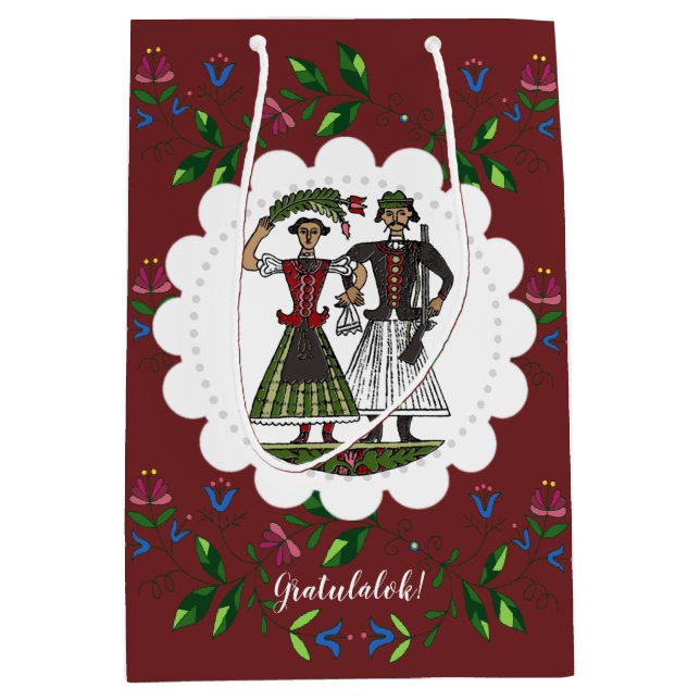 Dark Red Ungarisch Wedding Couple Herzlichen Glück Mittlere Geschenktüte (Vorderseite)