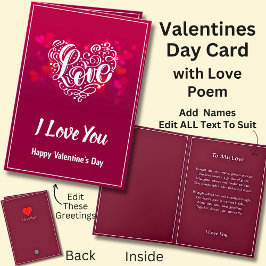 Dark Red Valentine Heart + Liebe Gedicht Karte