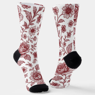 Dark Red Vintag Rose Pattern Socken