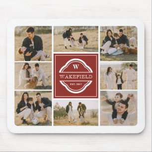 Dark Red White Monogram & Year Photo Collage Mousepad