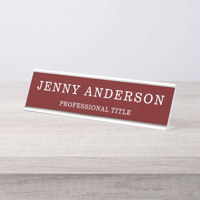 Dark Red White Name and Title Desk Name Plate Schreibtischnamensplakette (Vorderseite )