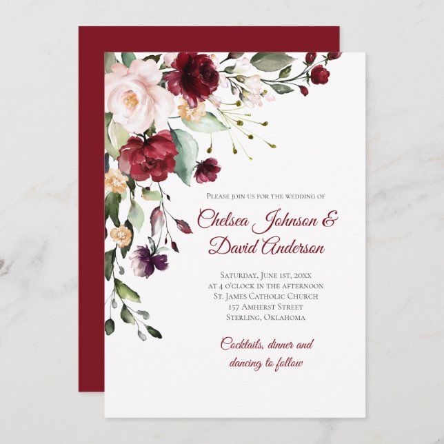Dark Red Winter Floral Wedding Einladung (Vorne/Hinten)