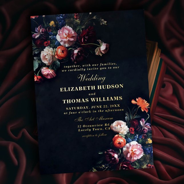 Dark Romance Mairytale Moody Floral Frame Wedding Folieneinladung (dark romantic wedding invitation fairytale romance black navy dutch floral frame painting gold foil)
