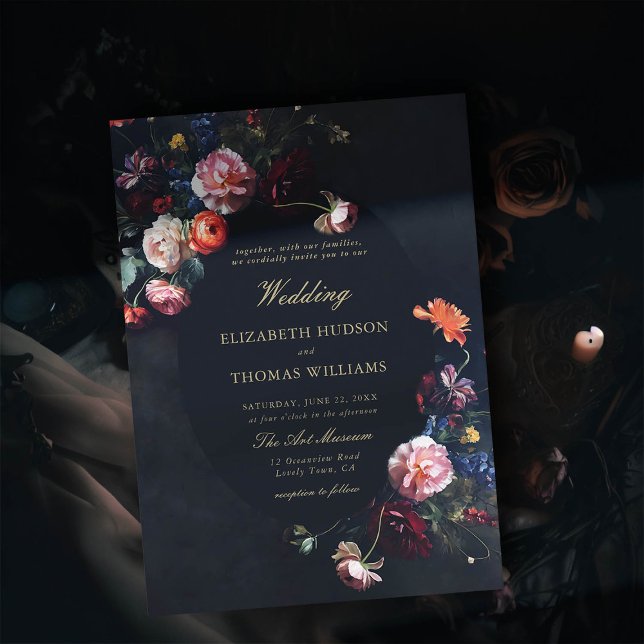 Dark Romantic Fairytale Moody Bouquet Navy Hochzei Einladung (dark romantic wedding invitation fairytale romance black navy dutch masters floral painting elegant)