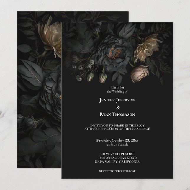 Dark Romantic Floral Gothic Hochzeit Einladung (Vorne/Hinten)