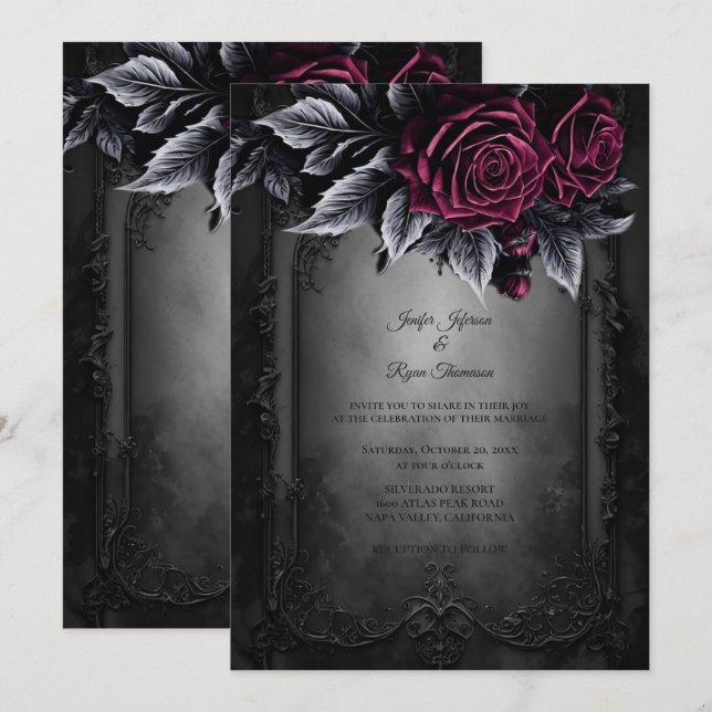 Dark Romantic Floral Gothic wedding invitation Einladung (Vorne/Hinten)