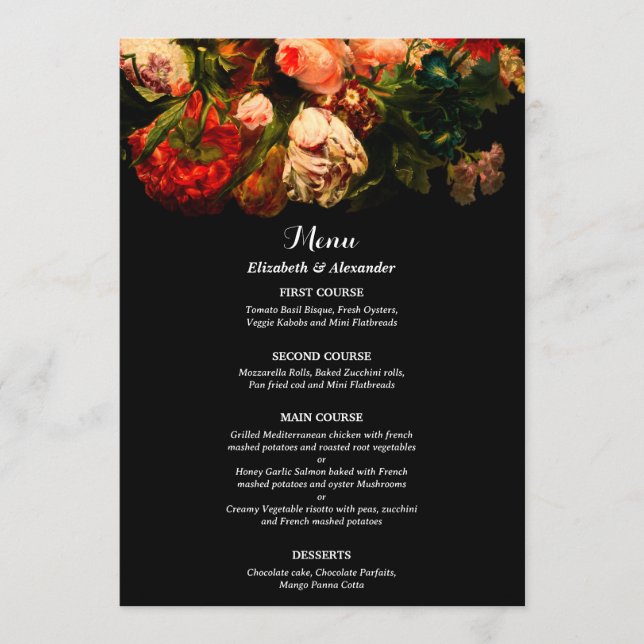 Dark romantic moody elegant floral wedding menükarte (Vorderseite)
